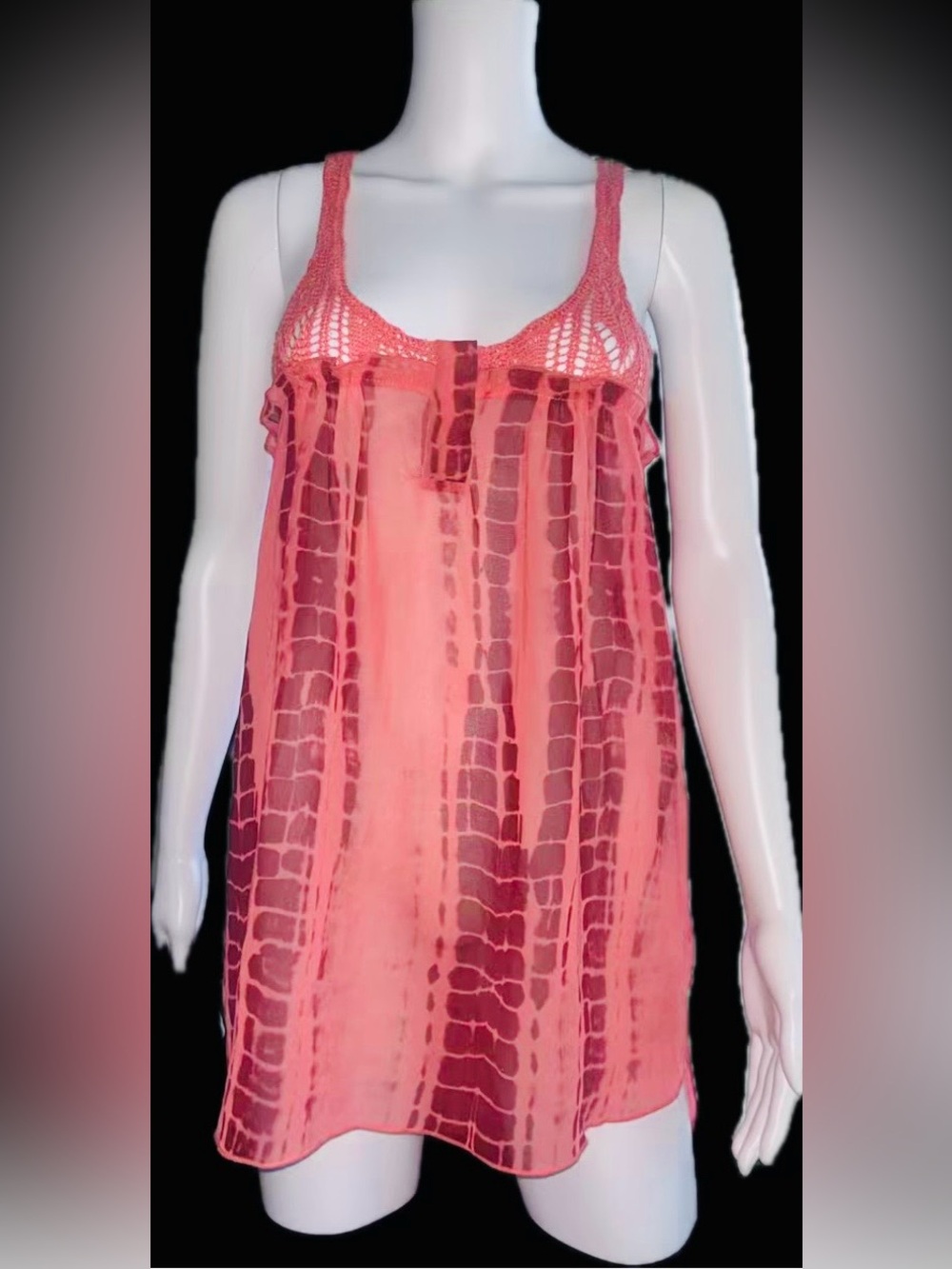 Free People Sz S Pink Coral Crochet Sheer Tie Die High Low
Tank Top